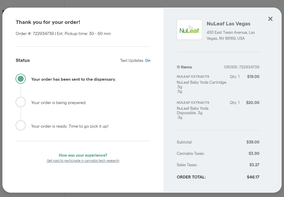 Dutchie Order Status Page.